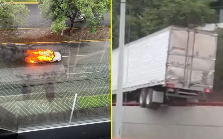 investigan casos de auto en llamas y tráiler 'patinando' sobre barandal en san pedro
