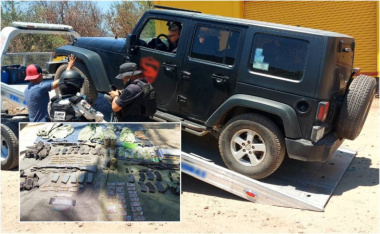 Hallan armas, drogas y equipo táctico dentro de Hummer con reporte de robo en Múgica, Michoacán