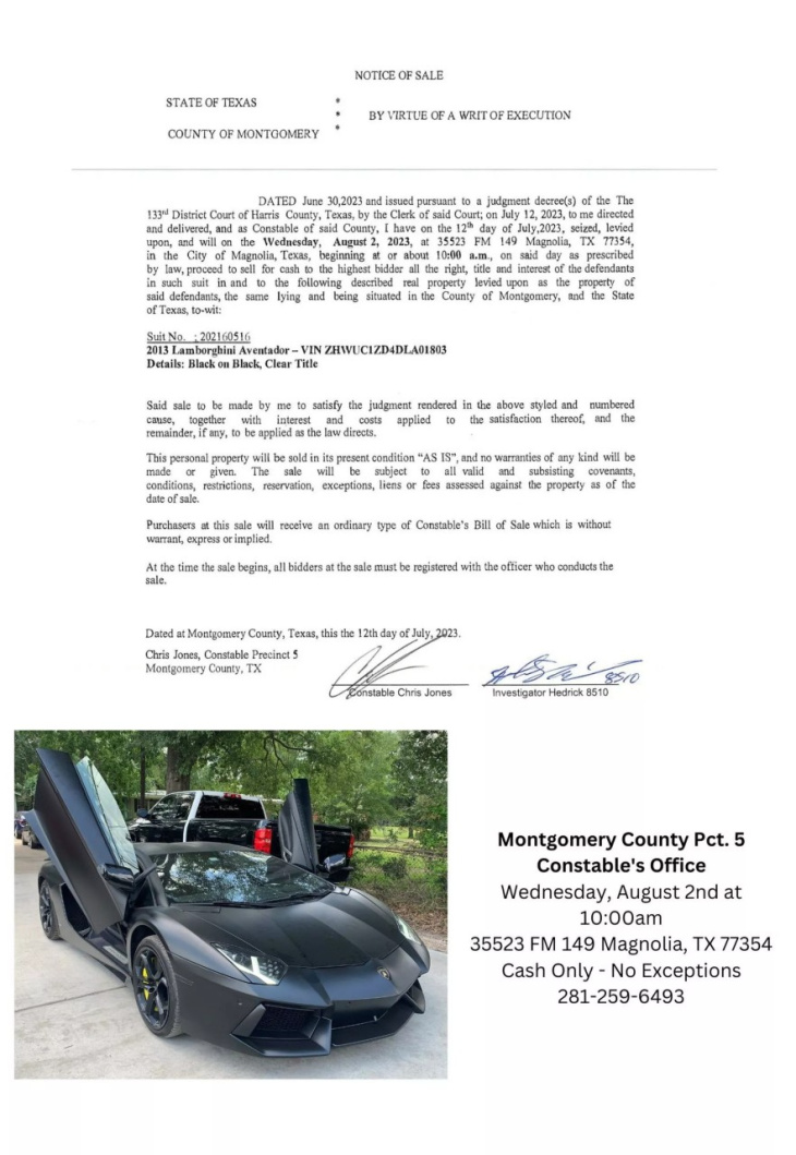 La Policía de Texas subasta un Lamborghini Aventador y quiere el pago en efectivo