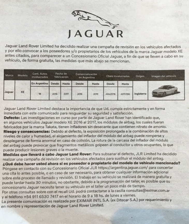 recall para jaguar y land rover en la argentina