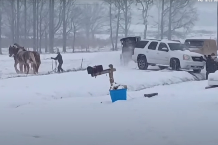 dos caballos rescatan un gmc yukon atascado en la nieve