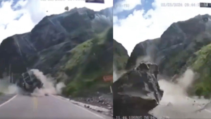 ¡conductor salvó de milagro!: captan impactante momento en que deslizamiento de rocas impacta a dos camiones en perú