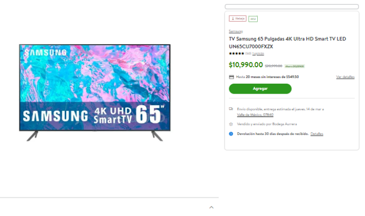bodega aurrera quiere que dejes a elektra: pantalla samsung 4k 65'' a mitad de precio