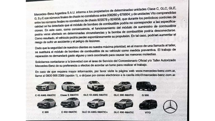 recall para once modelos de mercedes-benz en argentina