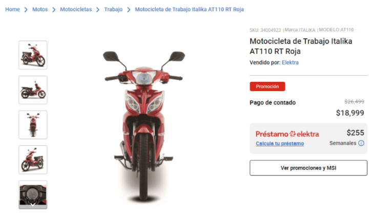 elektra rebaja 7,500 pesos a moto italika de trabajo gris, de 4 velocidades y 107 cc