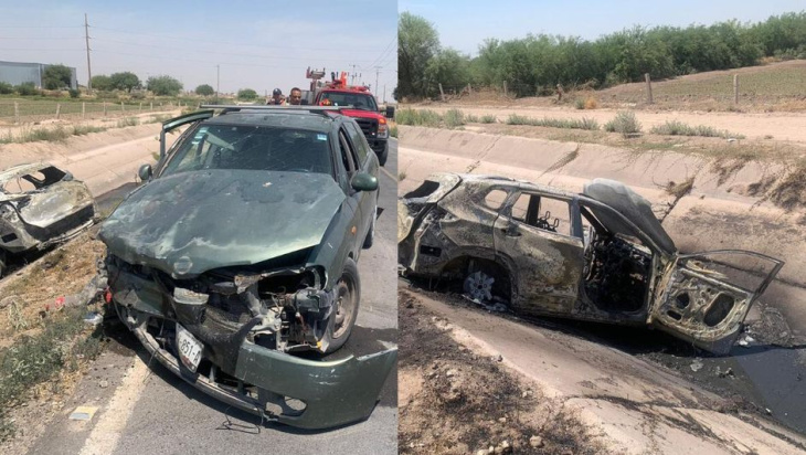 conductora se salva de milagro tras chocar, volcar y arder en llamas su auto