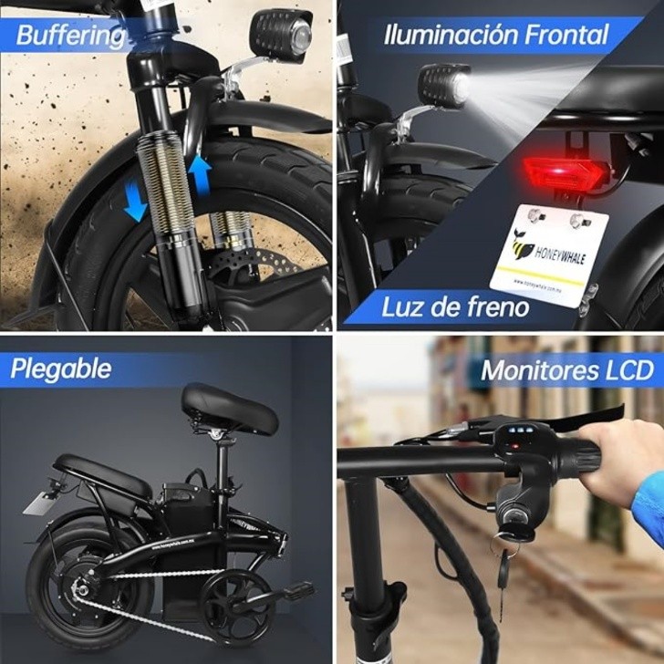 bicicleta eléctrica honeywhale para adultos con 30% de descuento y 12 msi: 35km/h, motor 750w, plegable